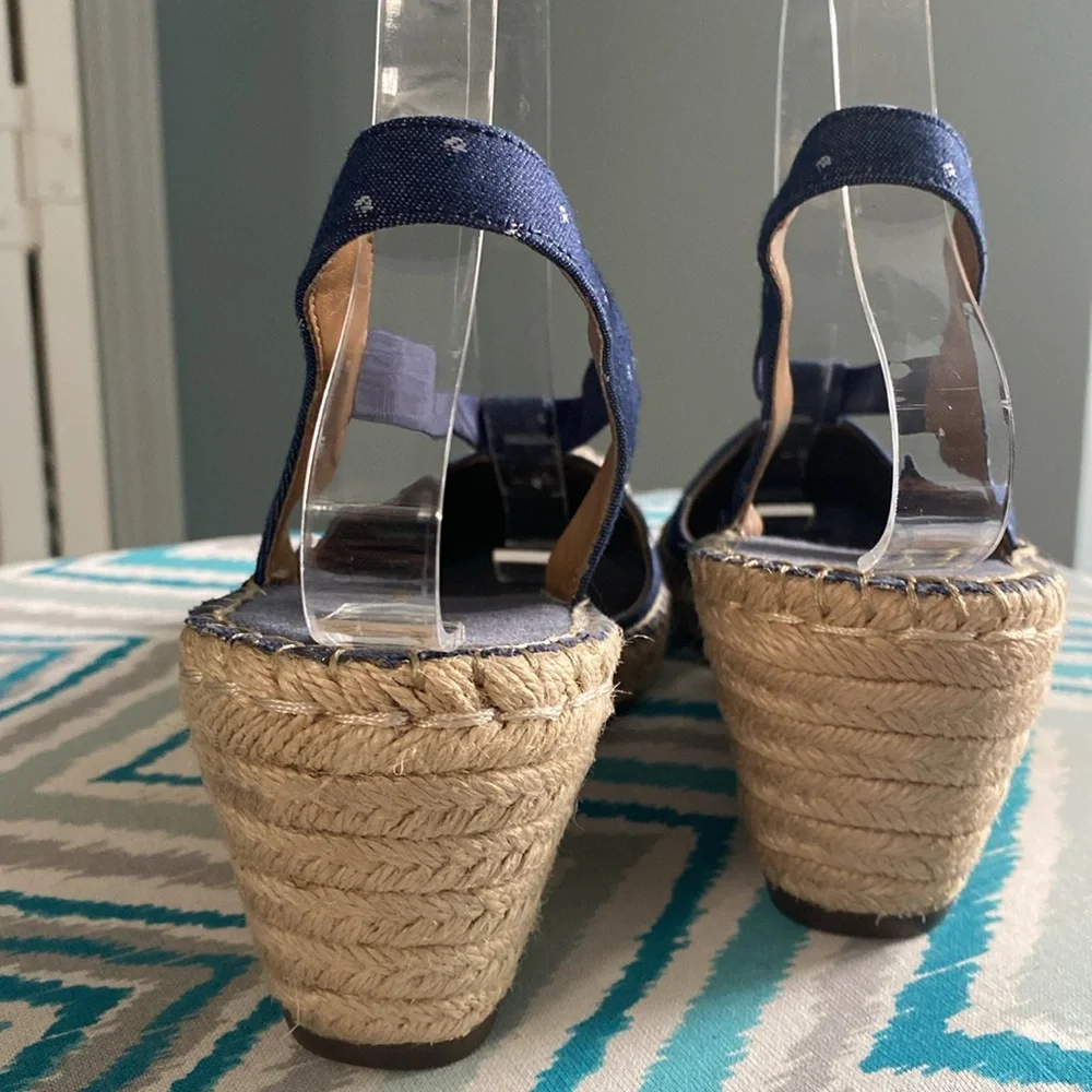 Clarks Blue Polka Dot Espadrille Wedge Sandals Coastal Resort Vacation Sz 8